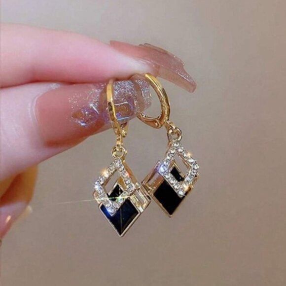 Gold & Black Geometric Drop Earrings – Rhinestone Accent - Picture 3 of 3